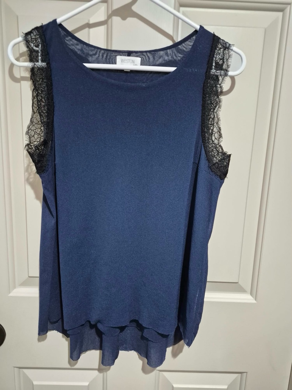 Navy Sleeveless Lace-Trim Blouse